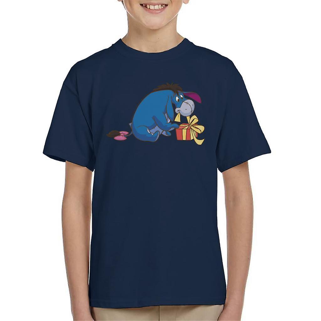 Disney Christmas Eeyore Undoing Present Kid's T-Shirt Navy Blue Medium (7-8 yrs)