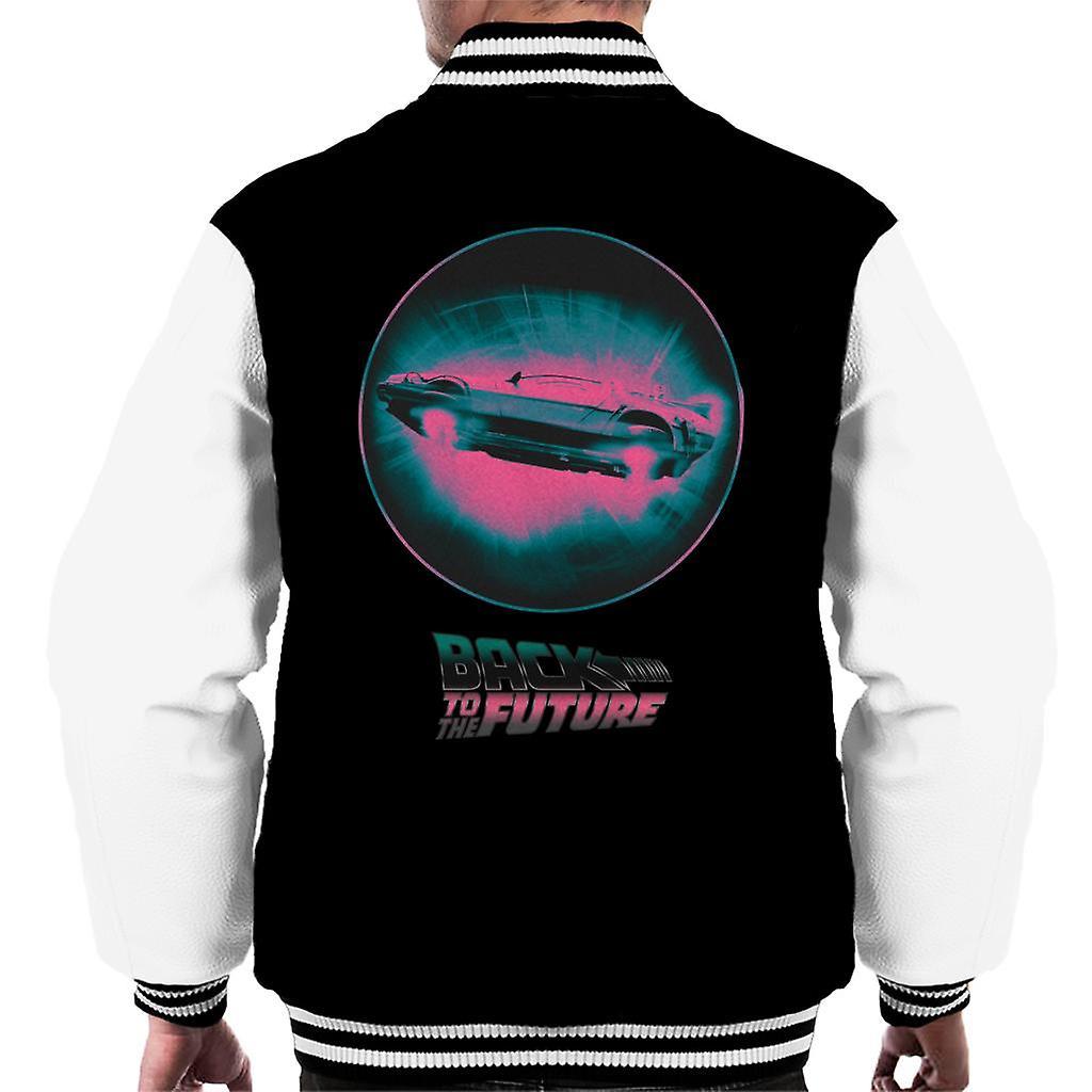 Back to the Future Delorean Flying Pink Haze Men's Varsity Jacket Black/White X-Large