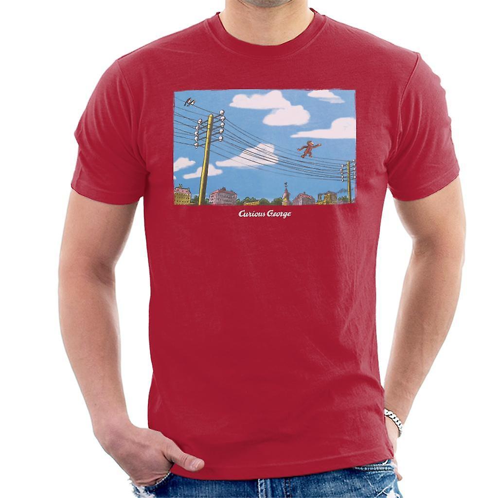 Curious George Walking On Telephone Lines Men's T-Shirt Cherry Red Large