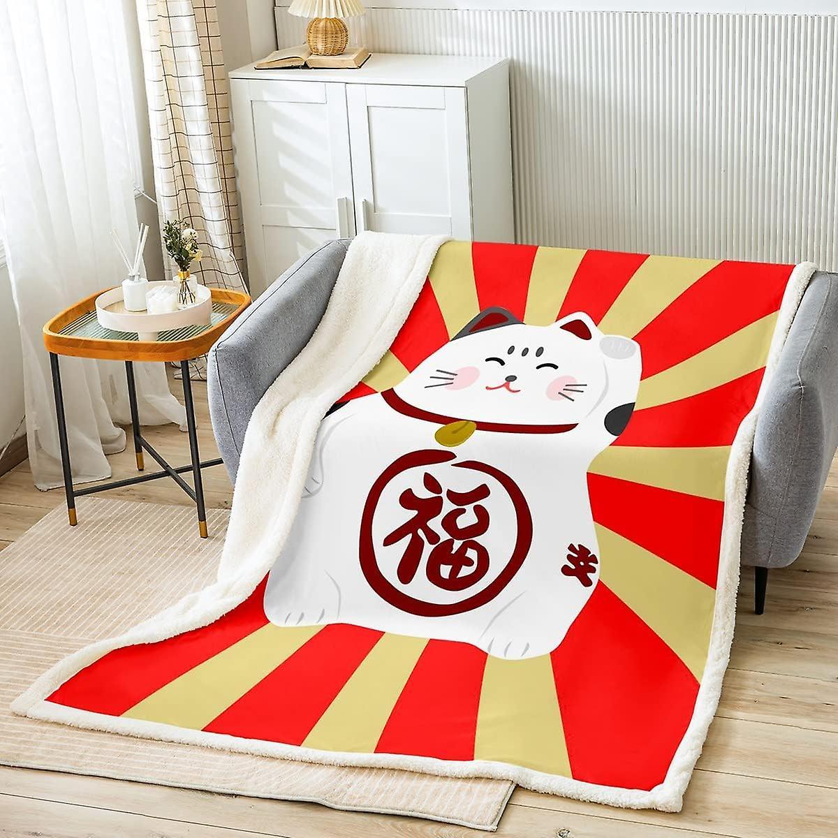 Kerota Cute Cat Fleece Throw Blanket Kids Japanese Style Fuzzy Blanket For Bed Sofa Boys Girls Kawaii Lucky Cat Kitten Sherpa Blanket Breathable Re..