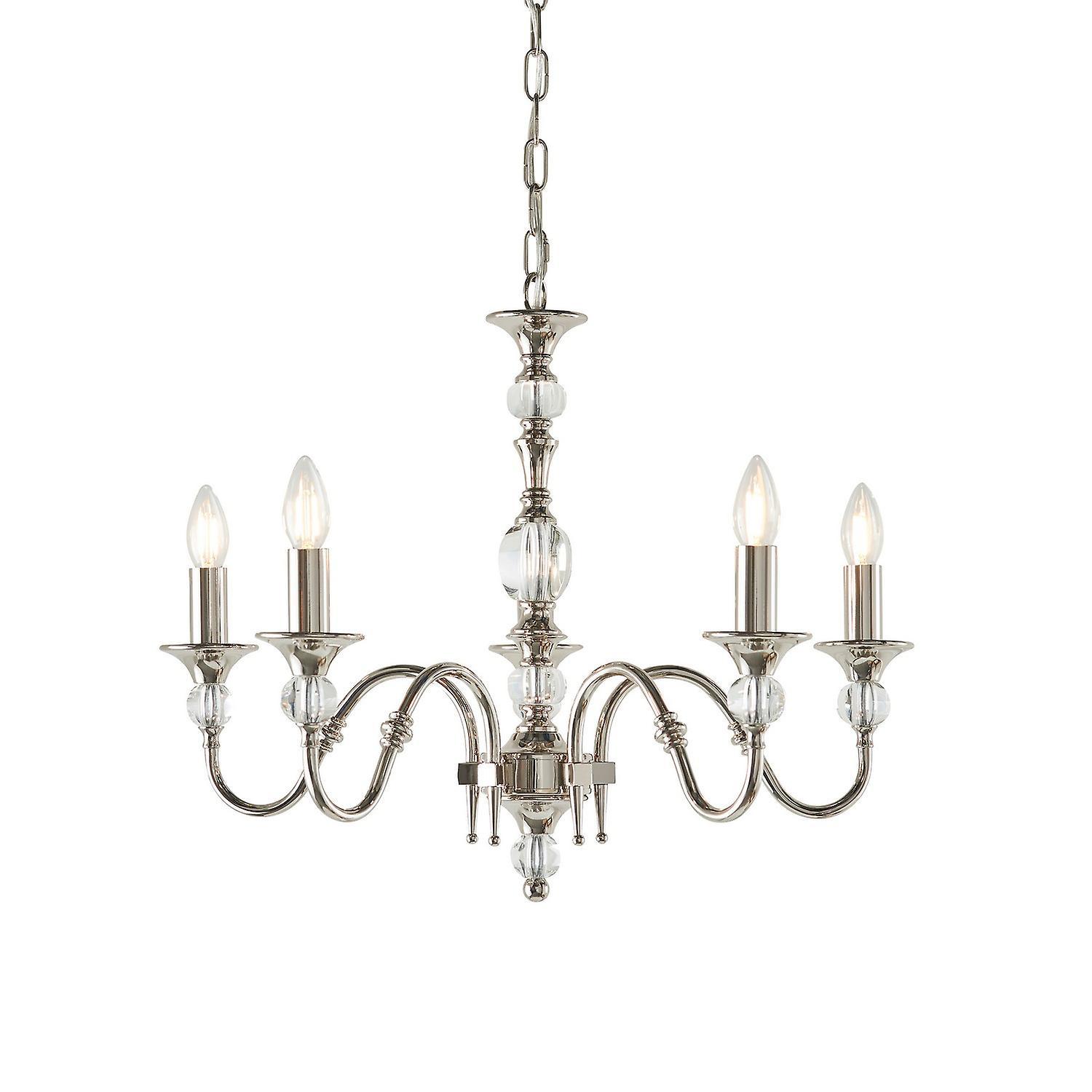 Polina 5 Light Multi Arm Ceiling Pendant Chandelier Polished Nickel Clear Crystal E14