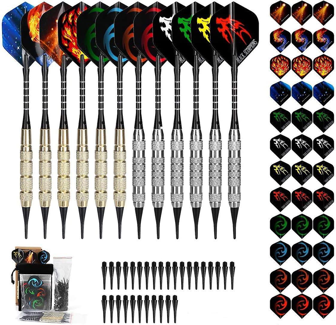 Bpjljr Plastic Tip Dart, 18g Soft Tip Dart Set For Electronic Dartboard, 12 Darts With 36 Flights And 100 Tips, 20 Rubber O-rings