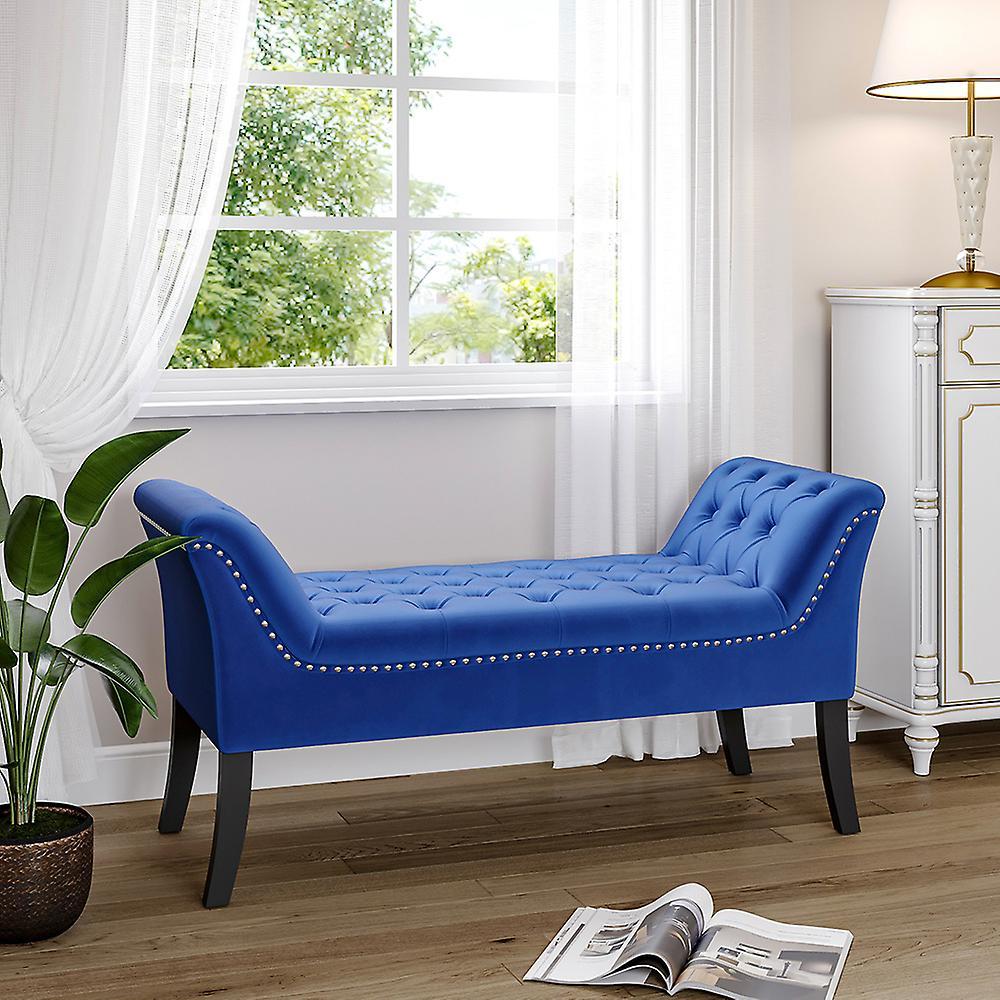 Living And Home Contemporary Velvet Bench Seat with Black Wood Legs,Blue