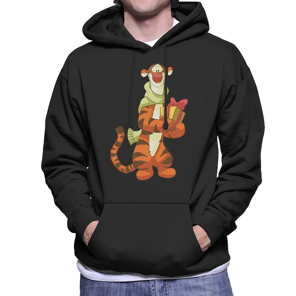 Disney Christmas Tigger Holding Present Men's Hooded Sweatshirt Black X-Large