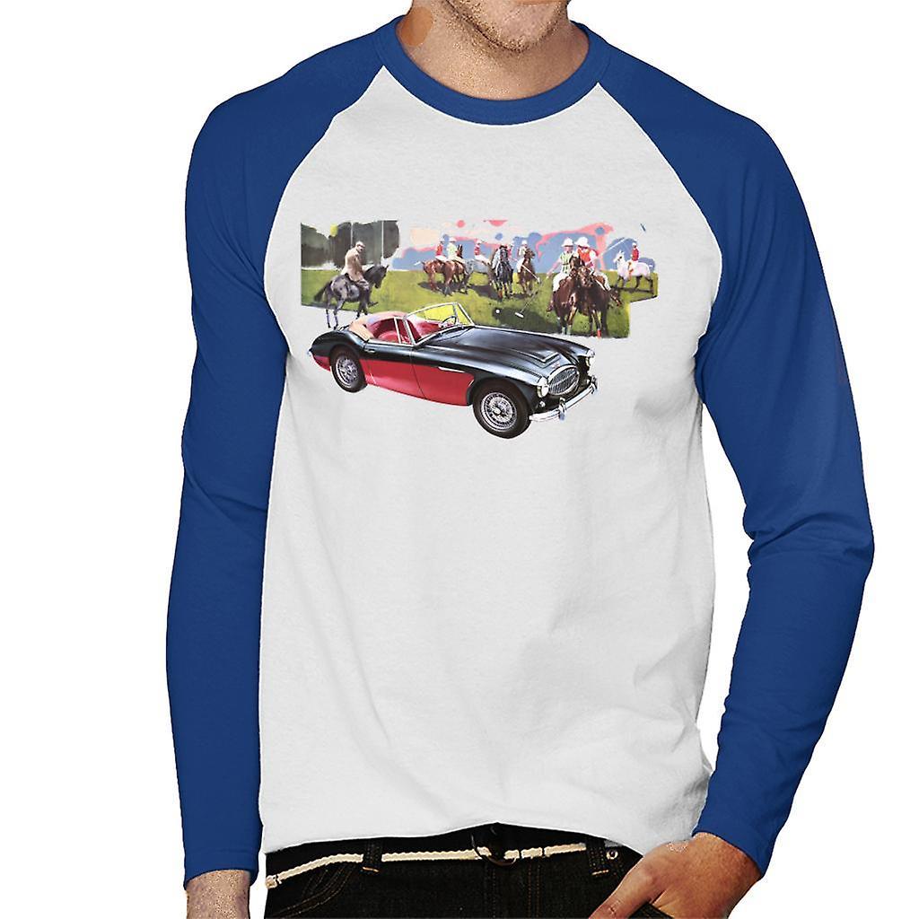 Austin Healey Background Of Sport Horses British Motor Heritage Men's Baseball Long Sleeved T-Shirt White/Royal Small