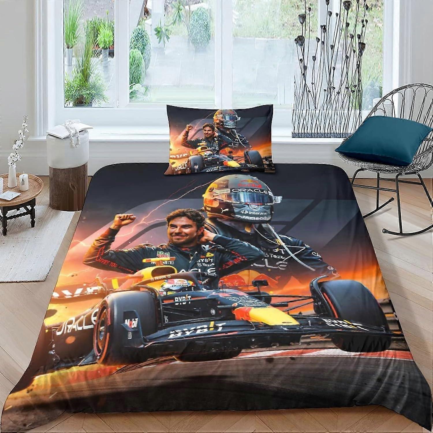 Kerota F1 Racing Bedding Set for Children - with Duvet Cover and Pillowcases - F1 Racing Pattern in Microfibre with Zip Single King220x240cm