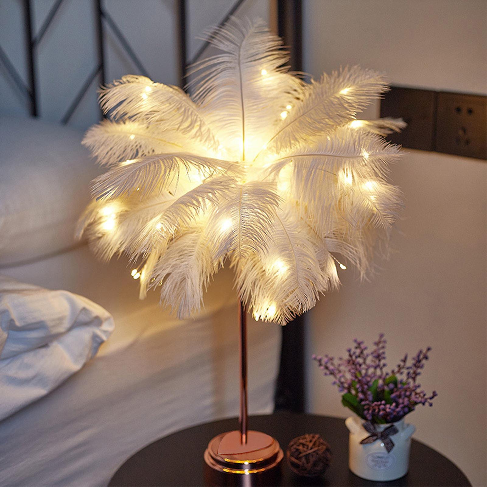 Kakanwo Feather Table Lamp Bedside Lamp Night Light Battery Operated Led Table Lamp For Bedroom Living Room White