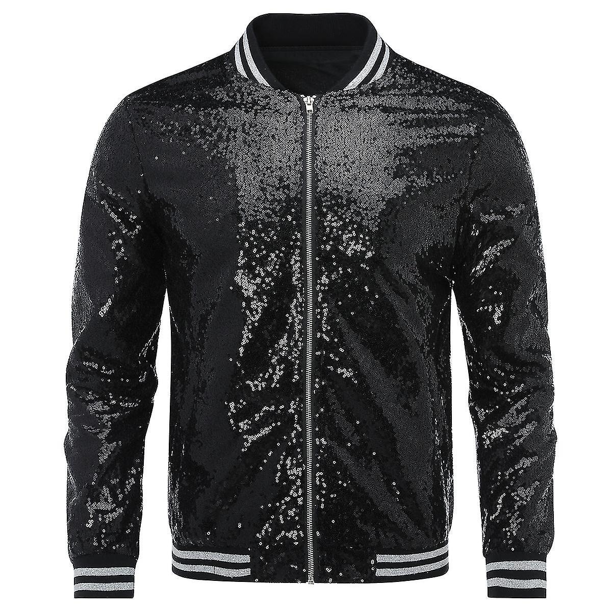 Allthemen Mens Sequins Casual Zipper Party Bomber Jacket Black XL