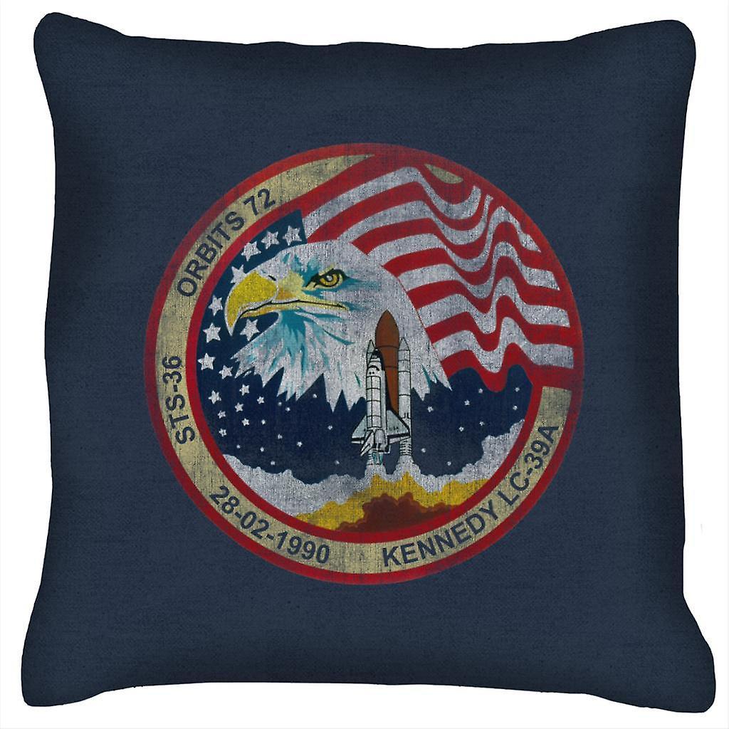 NASA STS 36 Atlantis Mission Badge Distressed Cushion Navy Blue 40 x 40cm