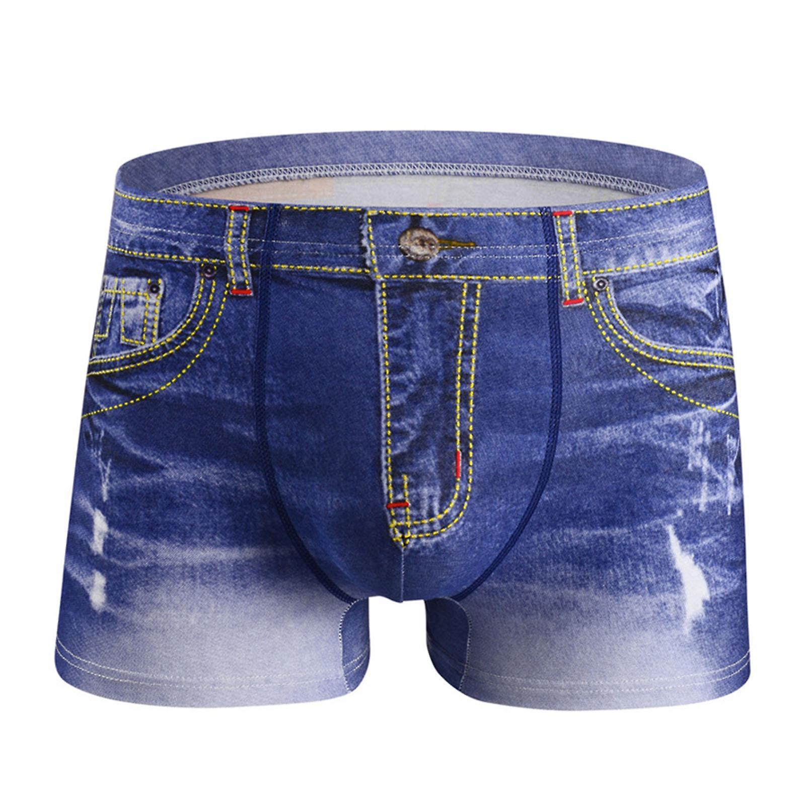 Fianao Denim Pattern Fake Jeans Print Cotton Men Boxer Briefs Underwear Underpants Denim Blue L