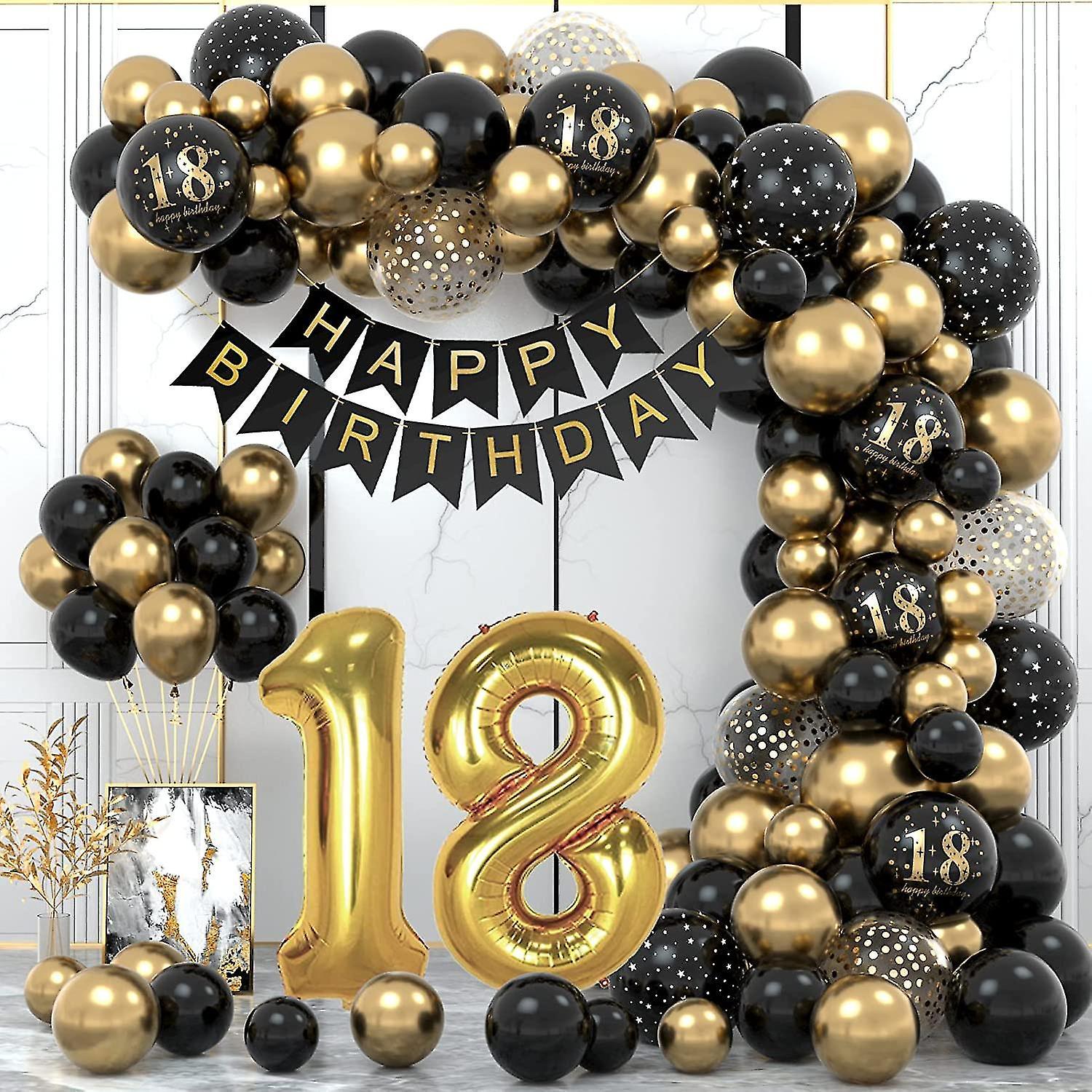 Tianzun 18th Birthday Decoration, 18th Boy Girl Party Birthday Decorations, Happy Birthday Garland Balloon Black Gold Decoration