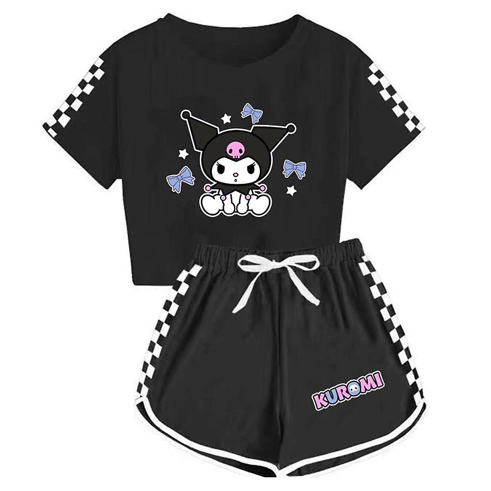 Vicbuy Gifts Kuromi Printed Short Sleeve T-shirts+shorts Sports Holiday Outfits Set 5-14 Years Kids Teens Girls Boys Black 10-12 Years