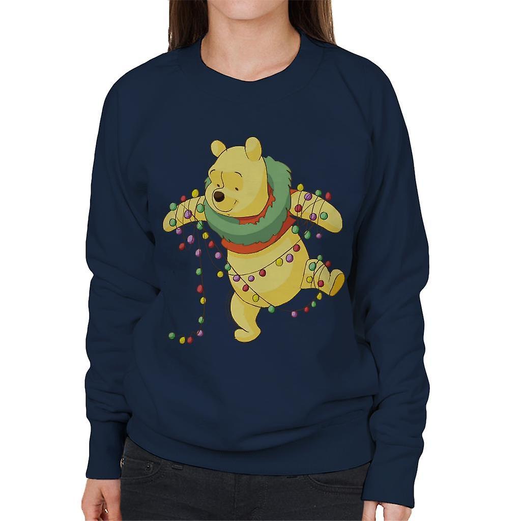 Disney Christmas Winnie The Pooh Tangled In Festive Lights Women's Sweatshirt Navy Blue Small