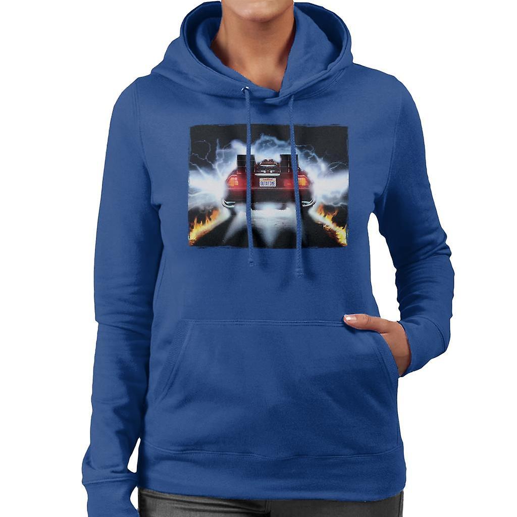 Back to the Future Delorean Taking Off For Time Travel Women's Hooded Sweatshirt Royal Blue Medium