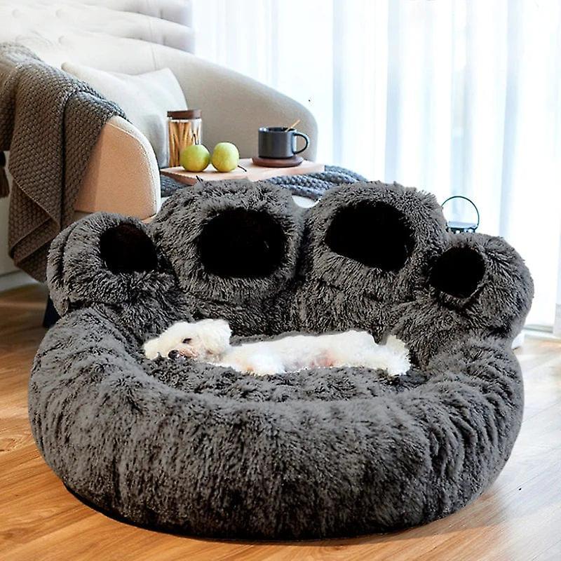 mickcara Dog bed cat mat round large pet house long plush deep sleeping warm bear paw shape super soft cushion calm beds Charcoal 80cm