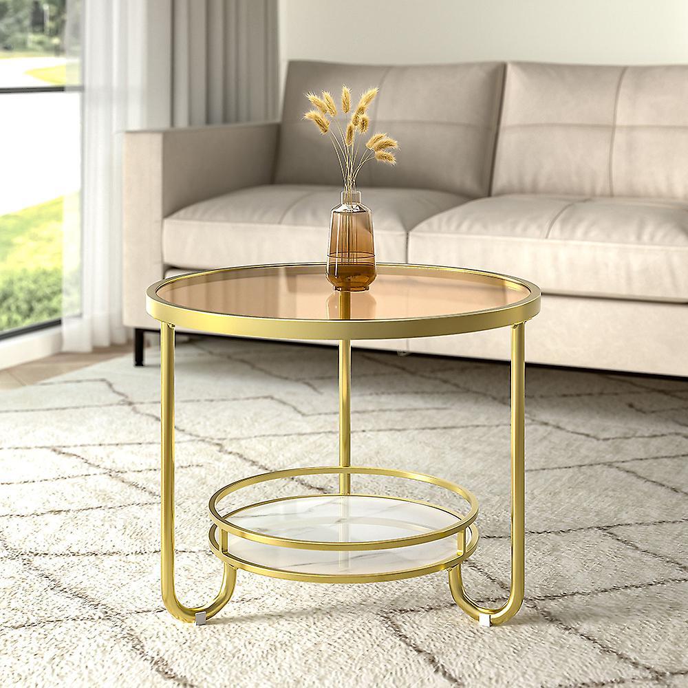 Living And Home Livingandhome Round Glass and Slate Coffee Table 2 Tier - Gold