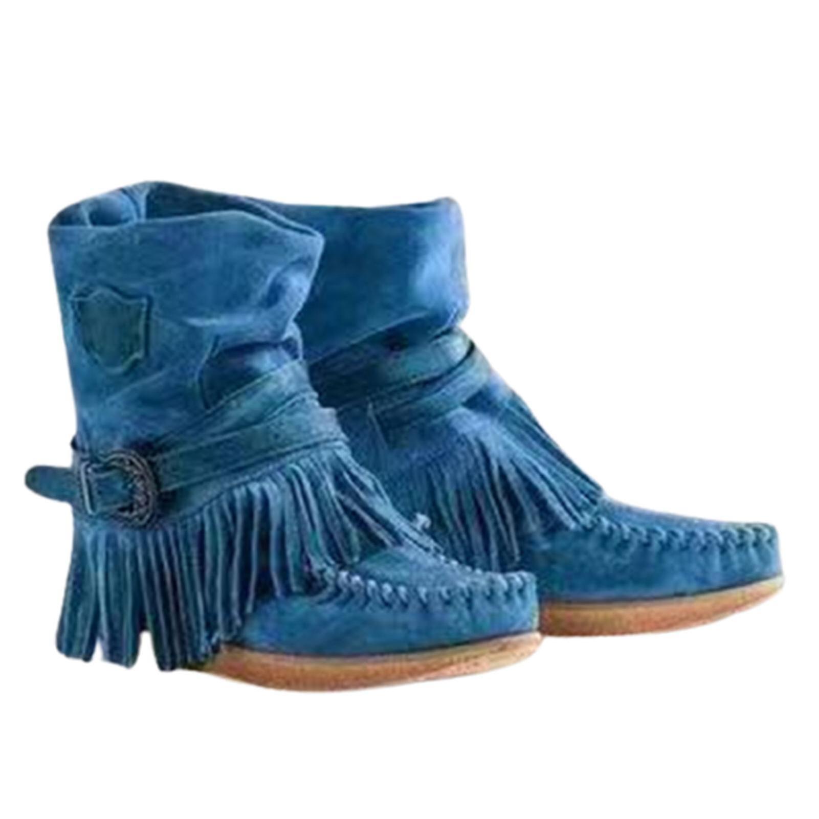 Sunset Women Suede Boots With Tassel Luxury Vintage Matte Shoes Non Slip Shoes Fashionable Blue 42