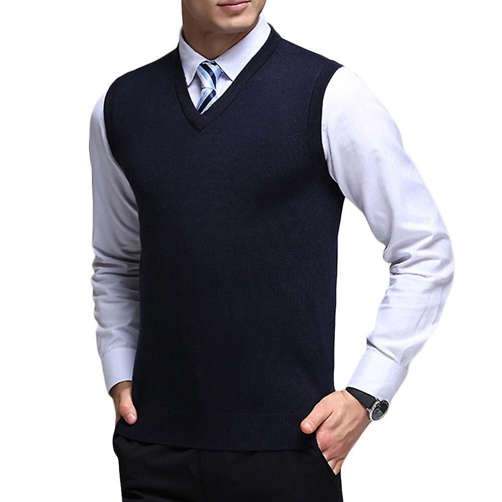 Allthemen Mens Casual Autumn V-neck Solid Knitted Waistcoat Dark Blue S