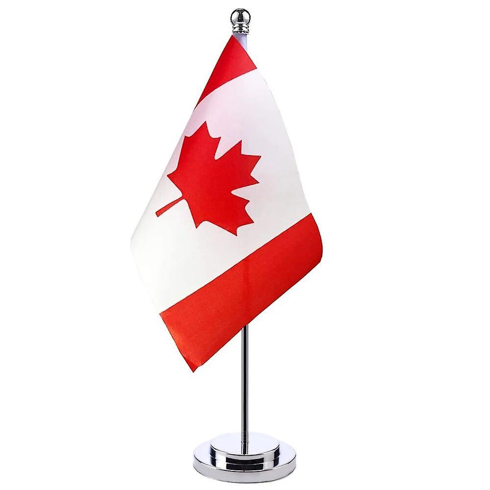 Scitoo 14x21cm Mini Flag Of Canada Flag Banner Meeting Boardroom Table Desk Stand Stainless Steel Pole The Canadian Flag National Sign Canada Silve...