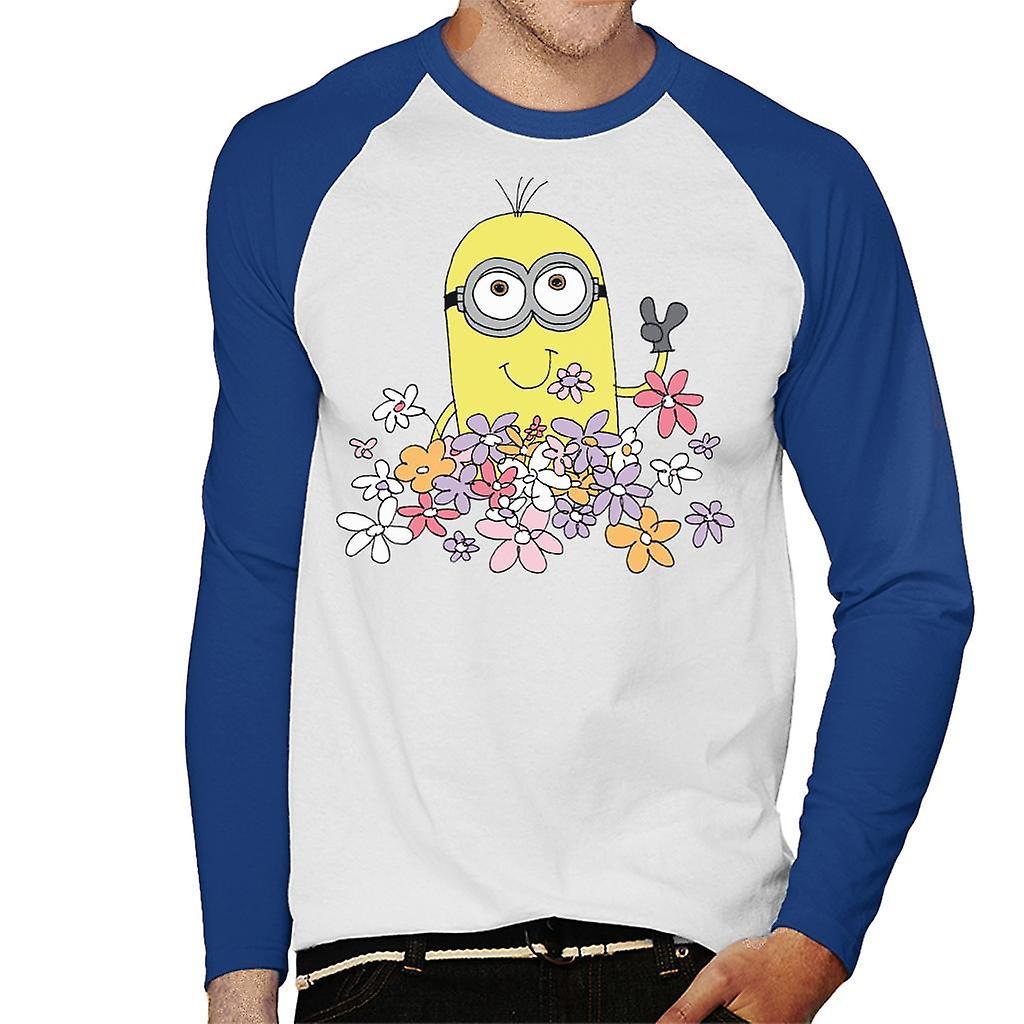 Despicable Me Minion Enjoying Flowers Men's Baseball Long Sleeved T-Shirt White/Royal Small