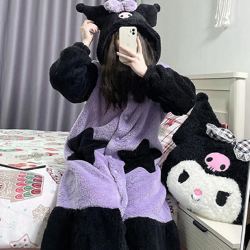 Aionyaaa Kawaii Sanrio Kuromi Cinnamoroll My Melody Plush Loungewear Women's Pajamas Robe Hooded Cute Pajamas Plush Long Nightgown Gift XL