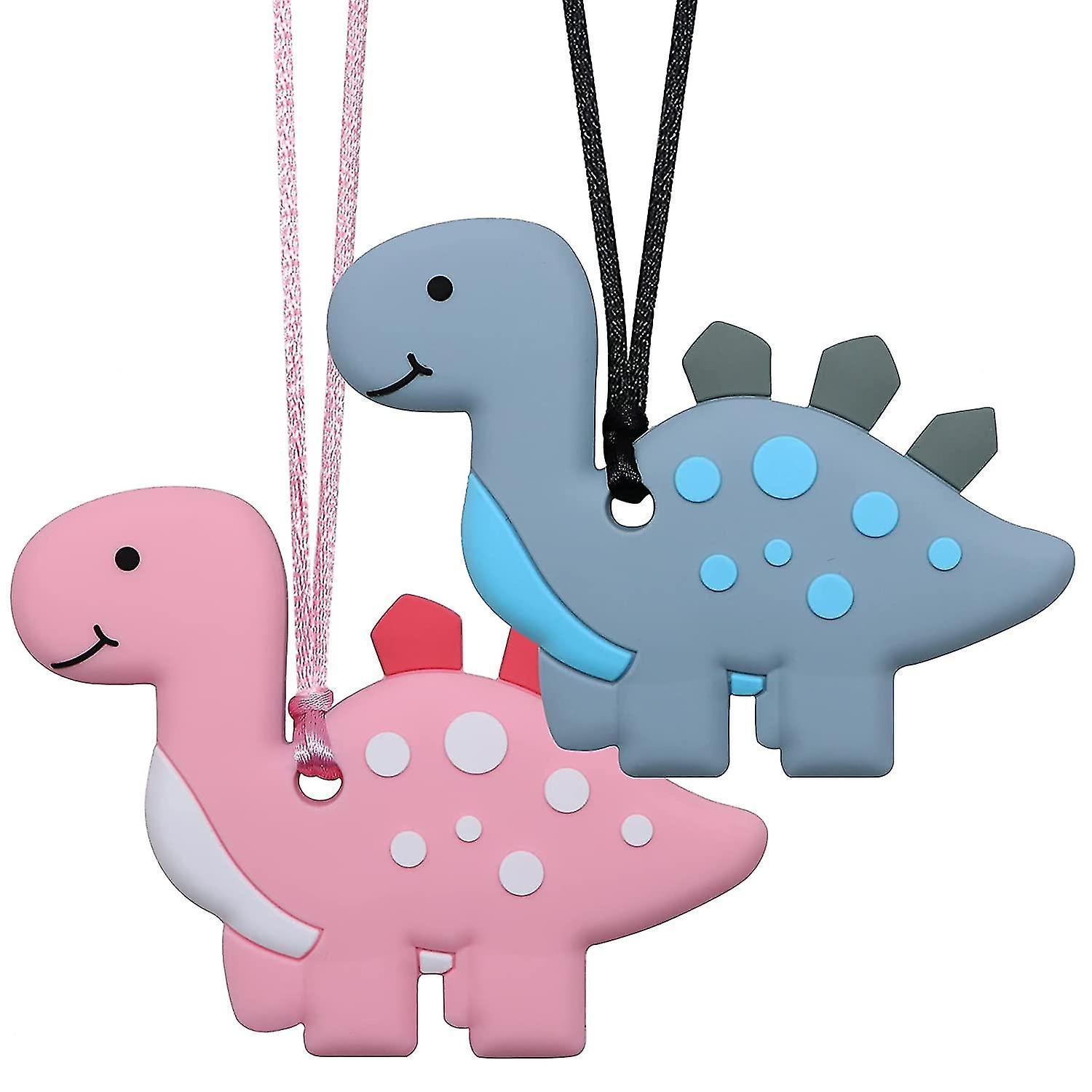 Snngv Sensory Chew Necklaces For Kids, Boys, And Girls - 2 Pack Dinosaur Silicone Chewy Toys For Autism, Adhd, Spd, Oral Motor Chewing Necklaces Fo...