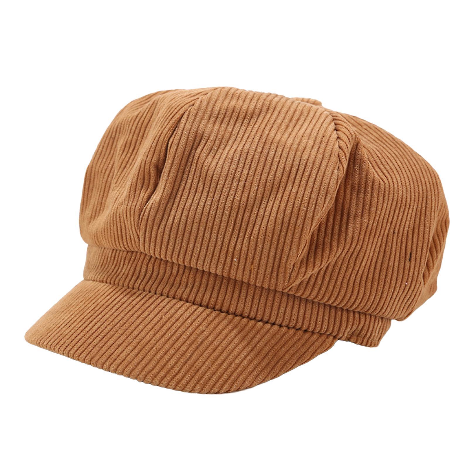 Yirepny Visor Beret Cap Solid Color Retro British Style Peaked 8 Panel Cold Resistant Corduroy Women Octagonal Newsboy Cabbie Camel