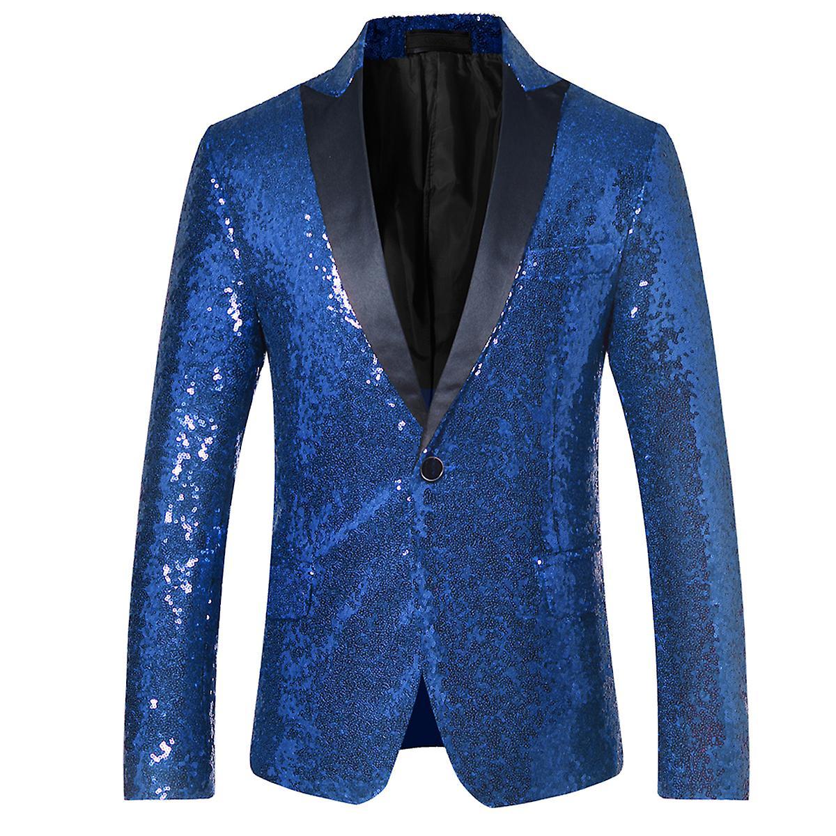 Allthemen Mens Sequins Wedding Club Performance Suit Jacket Blue L