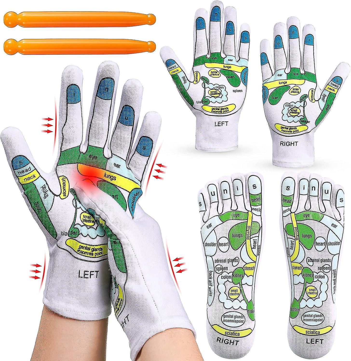 Nspiel Acupressure Reflexology Tools Set 4 Pcs Socks and Gloves, Tutorial Reflexology Gloves & Separate Socks with Point Massage Tools Tired Relief