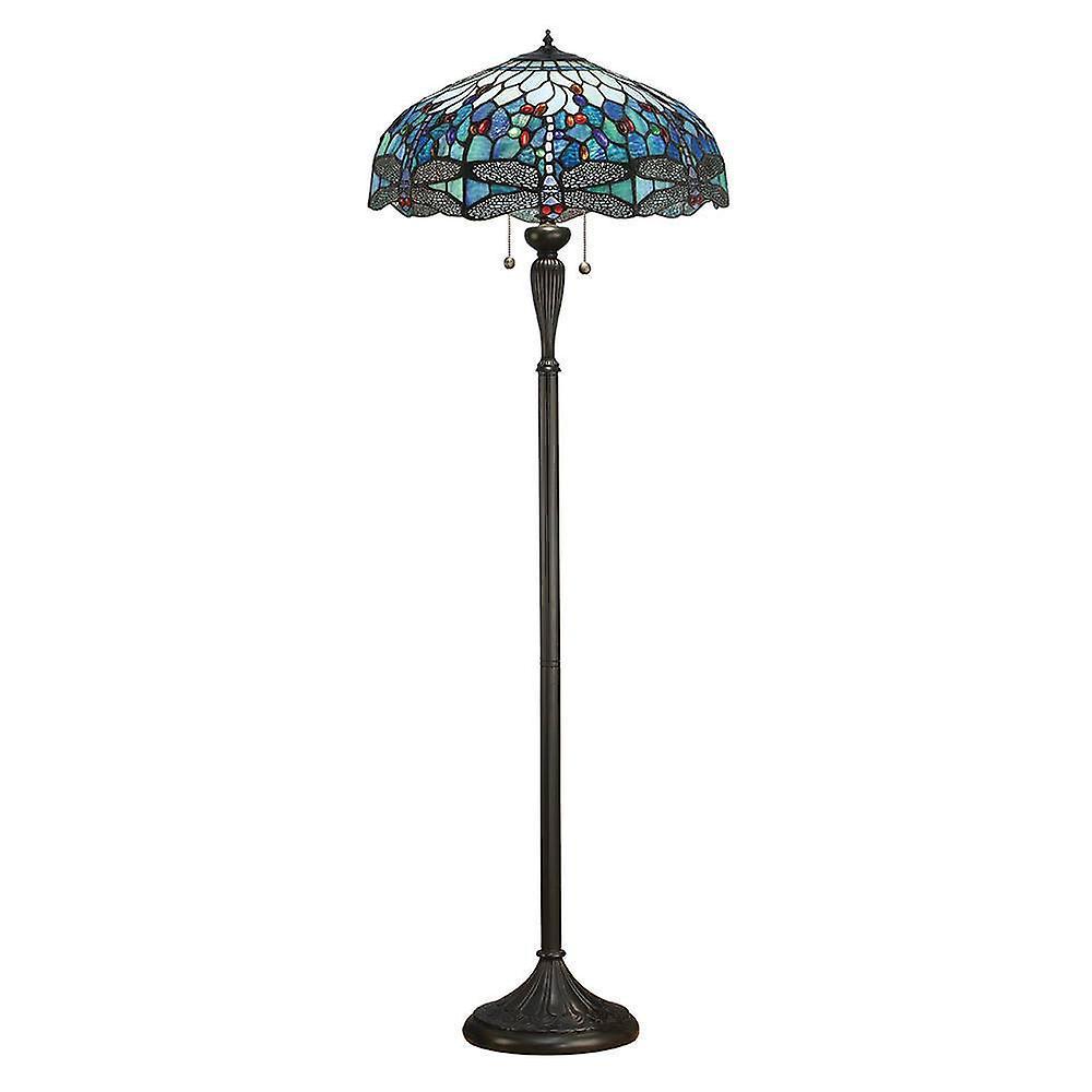 Interiors 1900 Lighting Dragonfly 2 Light Floor Lamp Dark Bronze, Blue, Tiffany Style Glass, E27