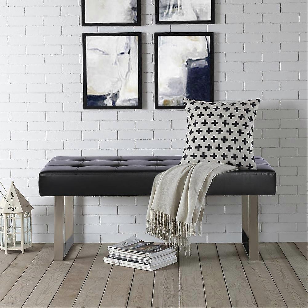 Living And Home Upholstered Bench Black Button Faux Leather with Steel Legs