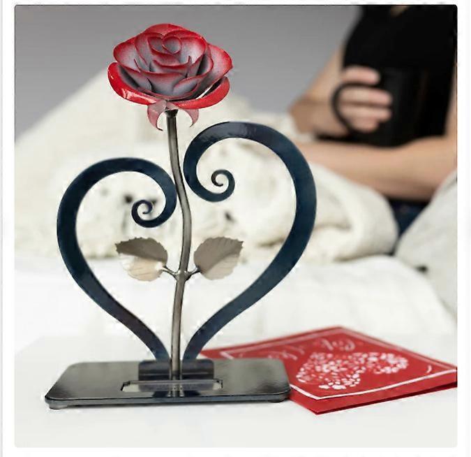 Szsljsm Gift Hand-forged wrought iron red metal rose with heart - shaped stand