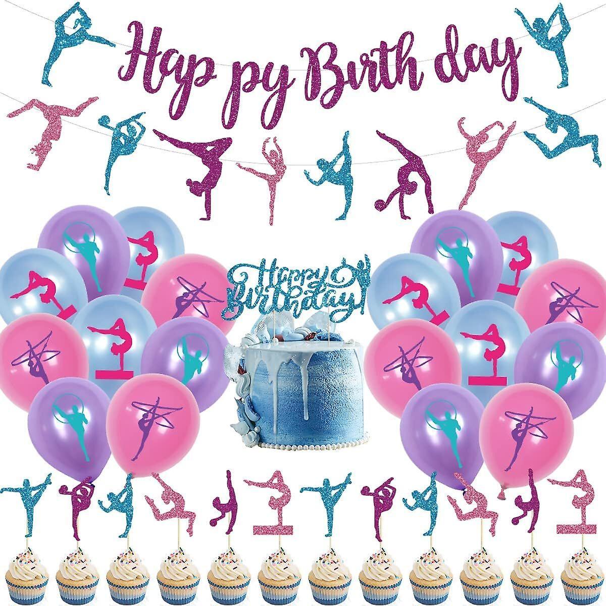 Kissqiqi 30 Pcs Gymnastics Birthday Decoration Set, Gymnast Happy Birthday Banner Balloons set 1