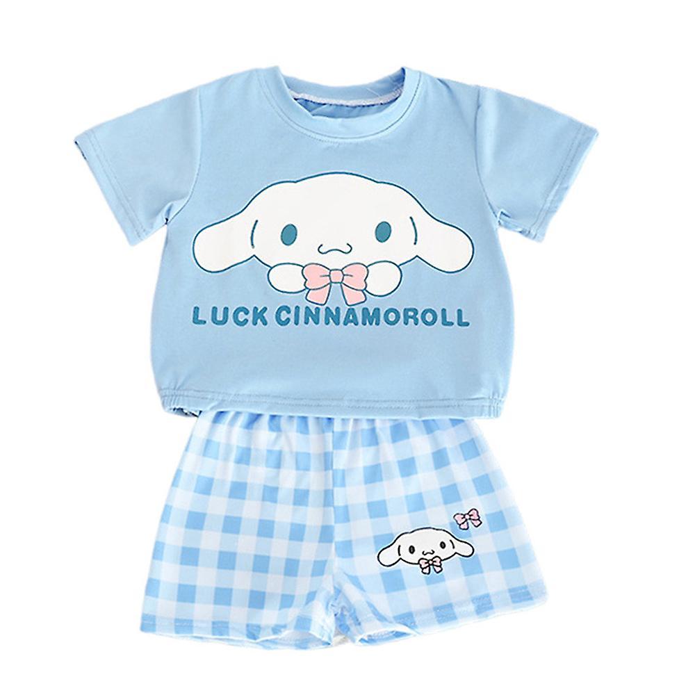 Mylight 2Pcs Girls Sanrio Melody Kuromi Hello Kitty Cinnamoroll T-Shirt Plaid Shorts Set Blue Cinnamoroll 4-5Years