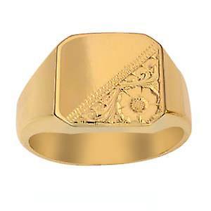 British Jewellery Workshops 9ct Gold 15x15mm hand engraved cushion gents Signet Ring Size U