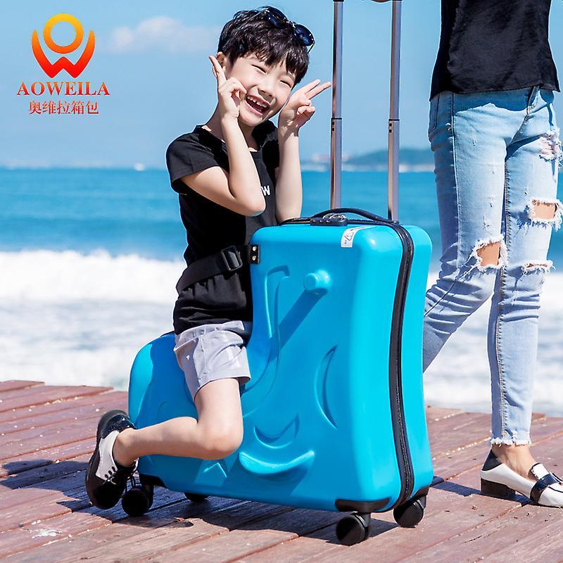 Carrep Travel Kids Luggage Cartoon Riding Trolley Case Children's Riding Suitcase Can Sit And Ride Rolling Luggage Gift Travel Bags Smooth blue 20