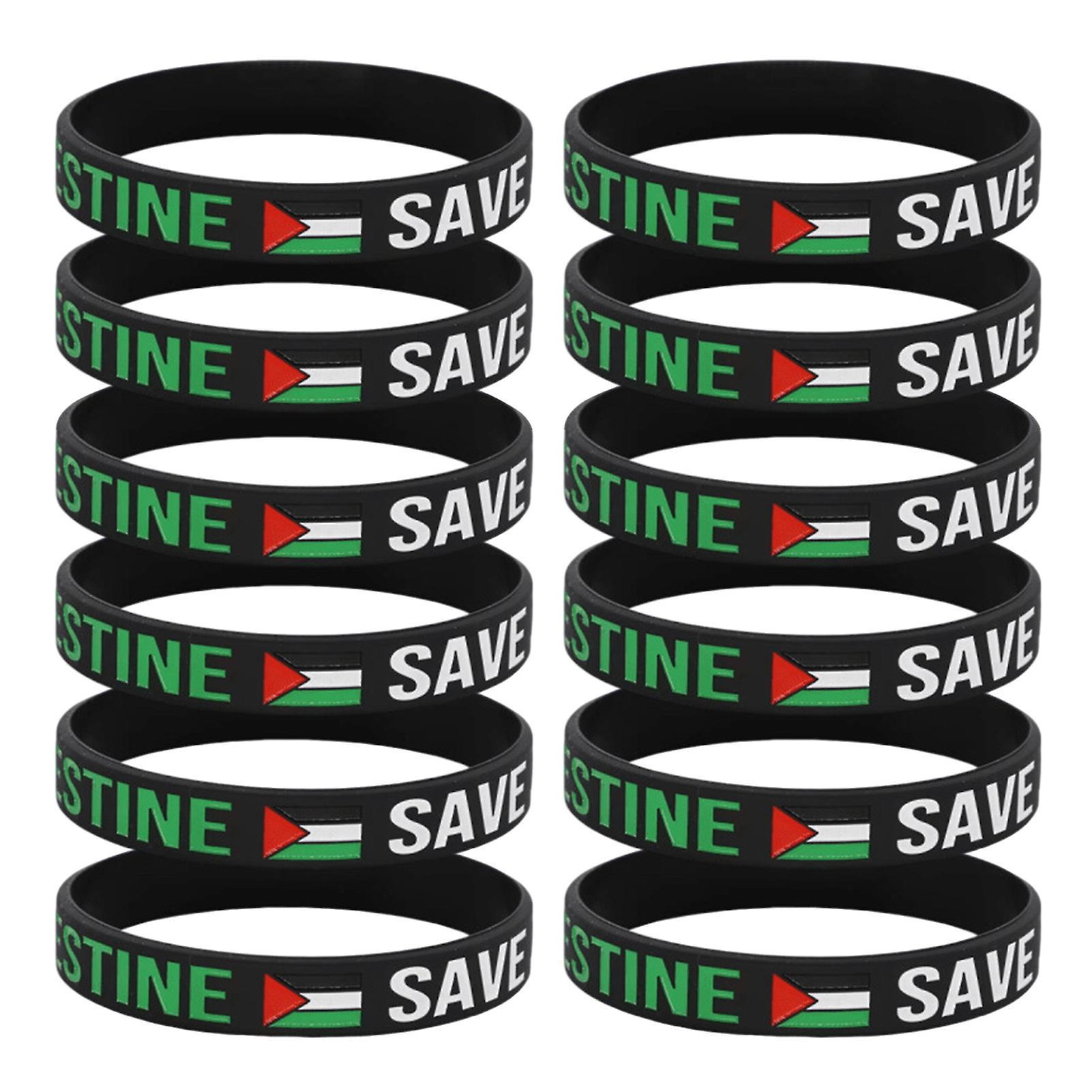 Hislaves 12/24Pcs Free Palestine Flag Silicone Bracelet Palestine Symbol Letter Pattern Wristband Memorial Faith Silicone Bracelet Black 12pcs