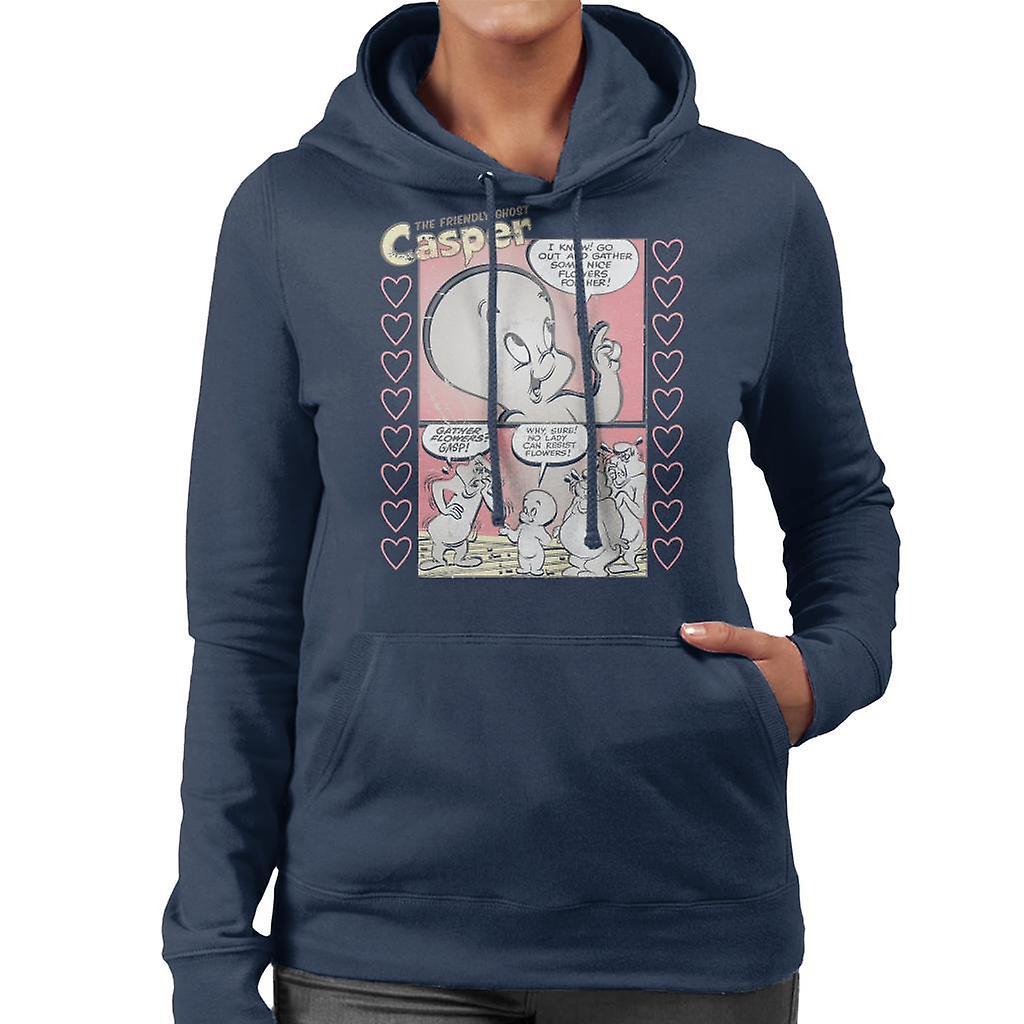 Casper The Friendly Ghost Flowers Comic Frame Women's Hooded Sweatshirt Navy Blue Medium