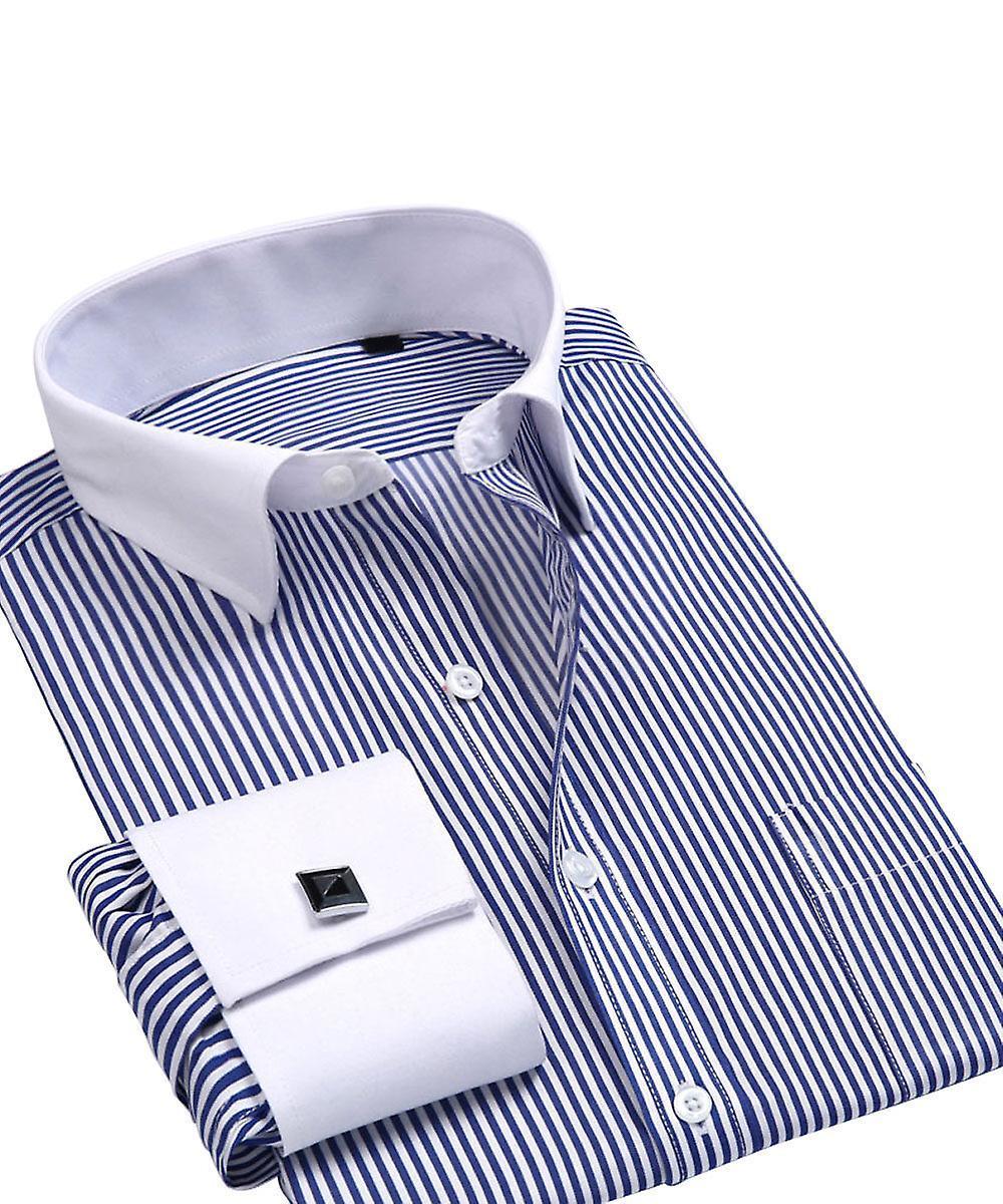 Allthemen Mens Business Four Season Slim Fit Solid Shirt Dark Blue/White XL