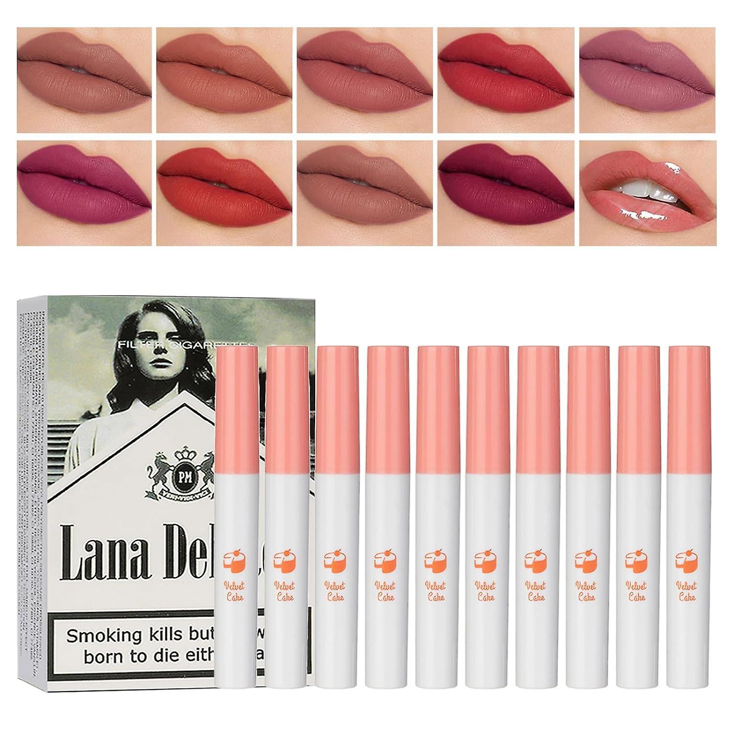 Frusde 10 Colors Lip Tint Stain Set, Lana Matte Lipstick Cigarettes, Tube Cigarette Lipstick, Lip Stain Long Lasting Waterproof Labiales Mate