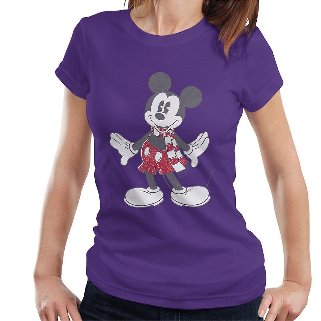 Disney Christmas Mickey Mouse Wearing Festive Scarf Women's T-Shirt Purple Small