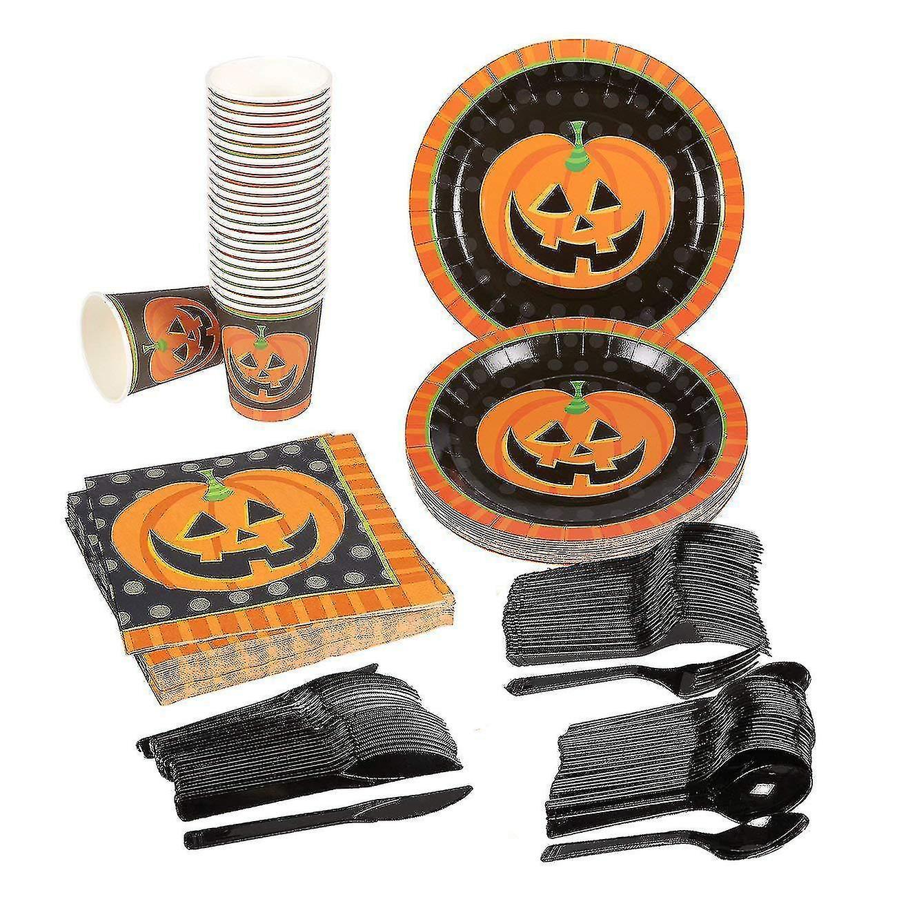 Xrelv Halloween Party Dinnerware Set Orange Black Pumpkin Themed Paper Plates Cups Napkins Halloween Disposable Tableware Party High Quality