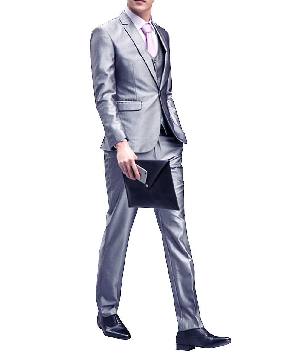 Allthemen Men's 3-Piece Suit Silver Slim Fit Blazer Vest Pants M