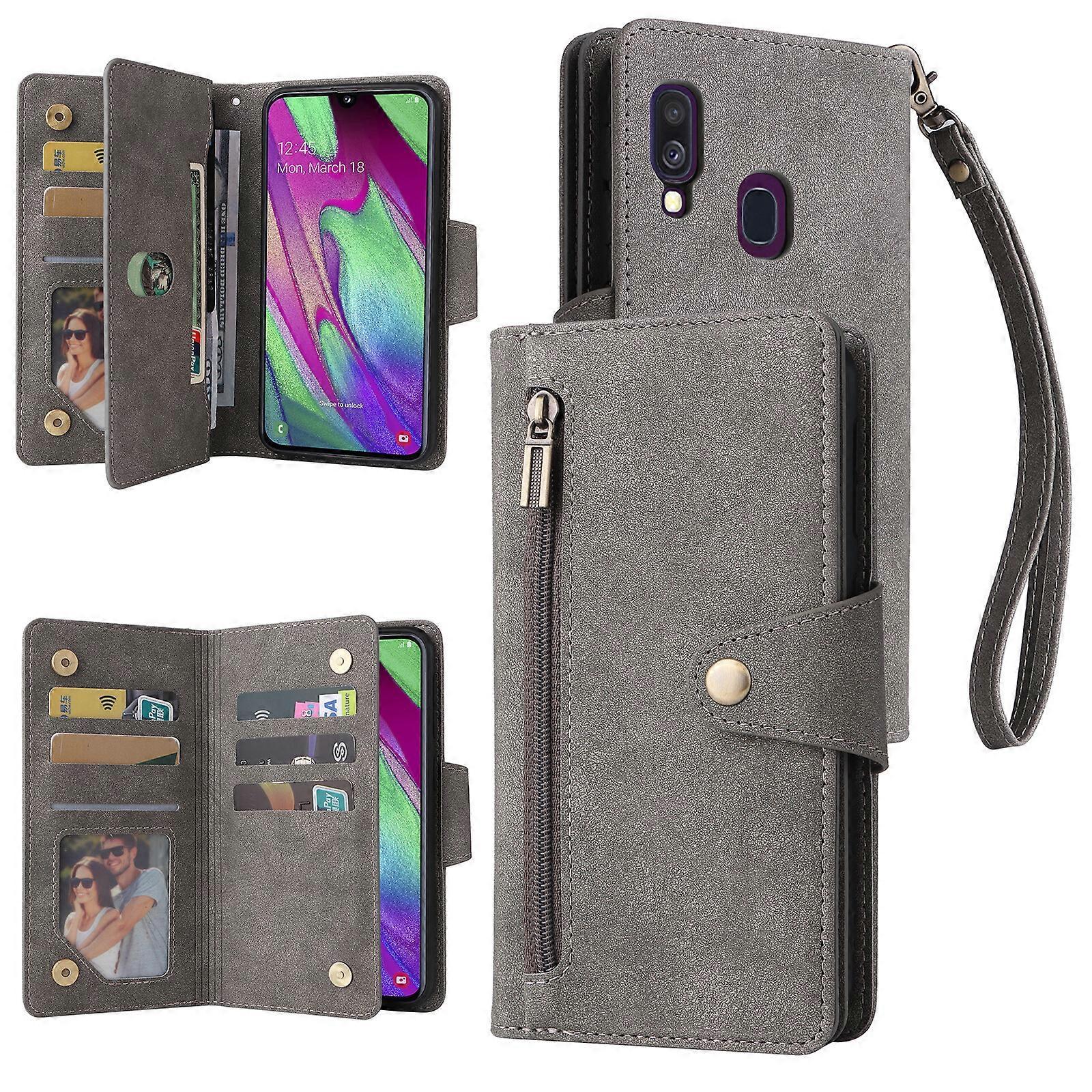 Foxdock Compatible with Samsung Galaxy A40 Case PU Leather Magnetic Flip Zipper Card Holder Wallet Cover Gray