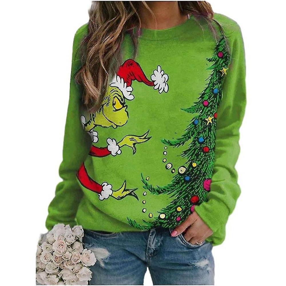 Seenlin Women Ladies The Grinch Printed Long Sleeve Sweatshirt Crew Neck Casual Loose Pullover Jumper Tops Green L