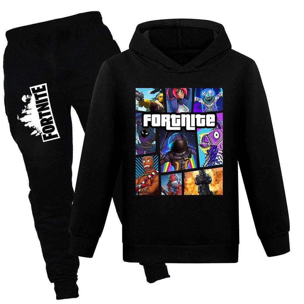 Vicbuy Gifts Kids Teens Fortnite Tracksuit Set Hoodies Hooded Sweatshirt Tops+pants Outfits Suit 7-14 Years Black 11-12 Years