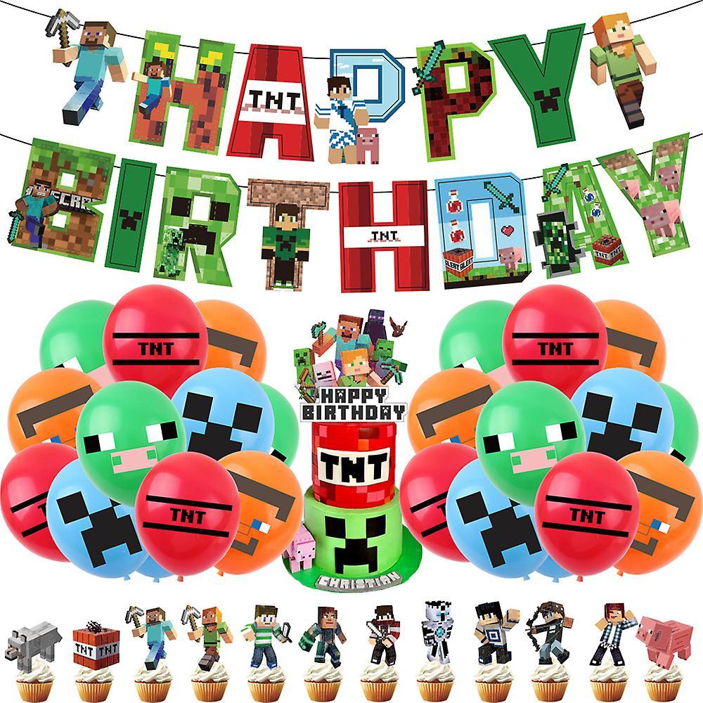 Vicbuy Minecraft Theme Birthday Party Supplies Balloons Banner Cake Toppers Decor