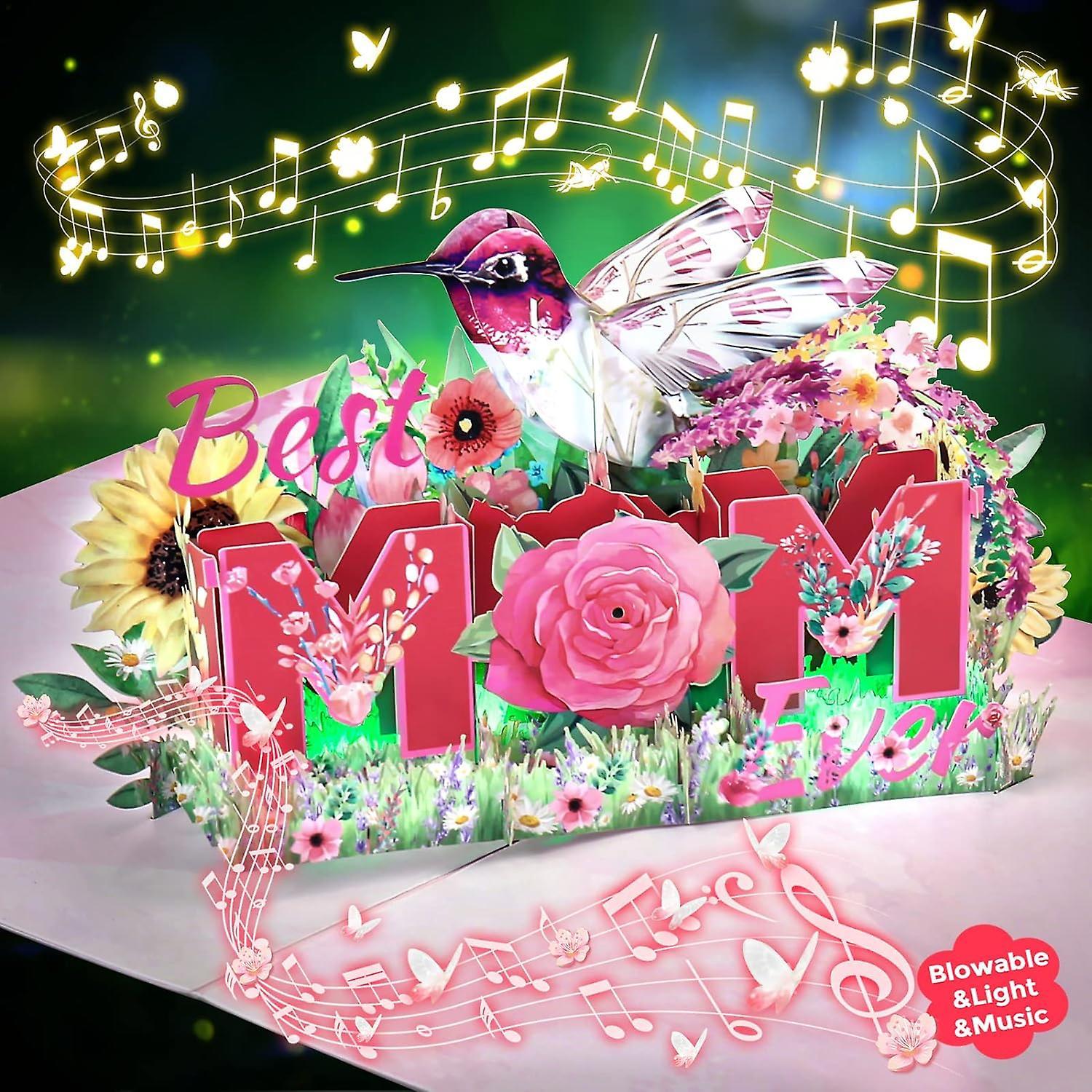 Unbrand Mother's Day Pop Up Card, Light Music Blowable 3D Greeting Cards for Mom, Pop Up Flower Bouquet Card Happy Mothers Day G for mother/girl gi...