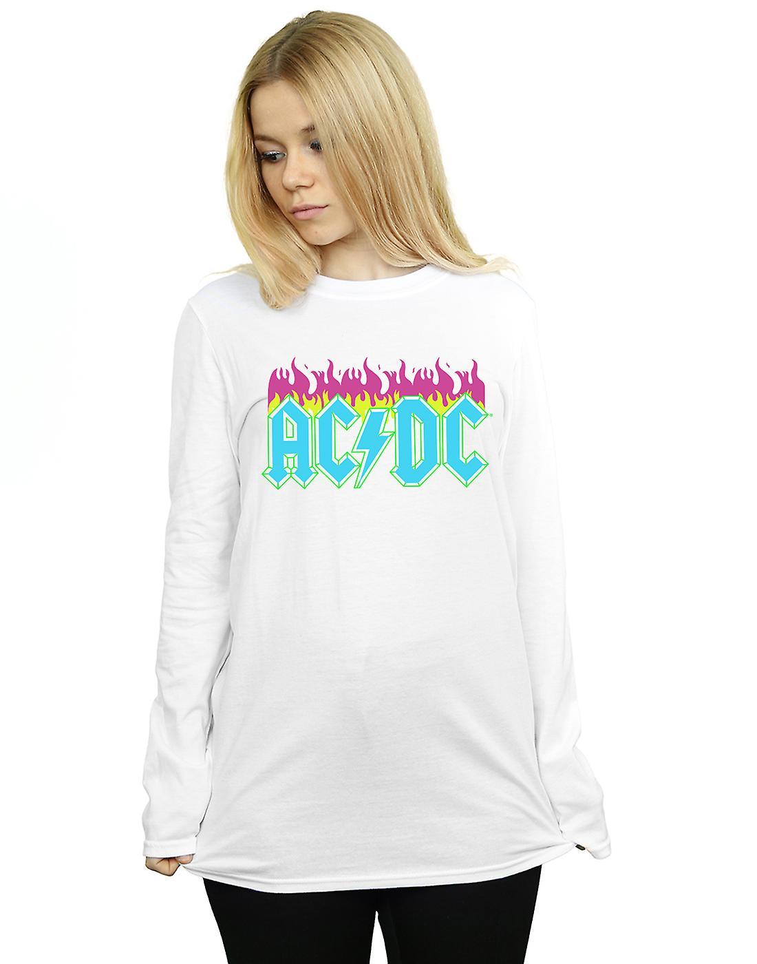 Absolute Cult AC/DC Women's Neon Flames Boyfriend Fit Long Sleeved T-Shirt White XX-Large