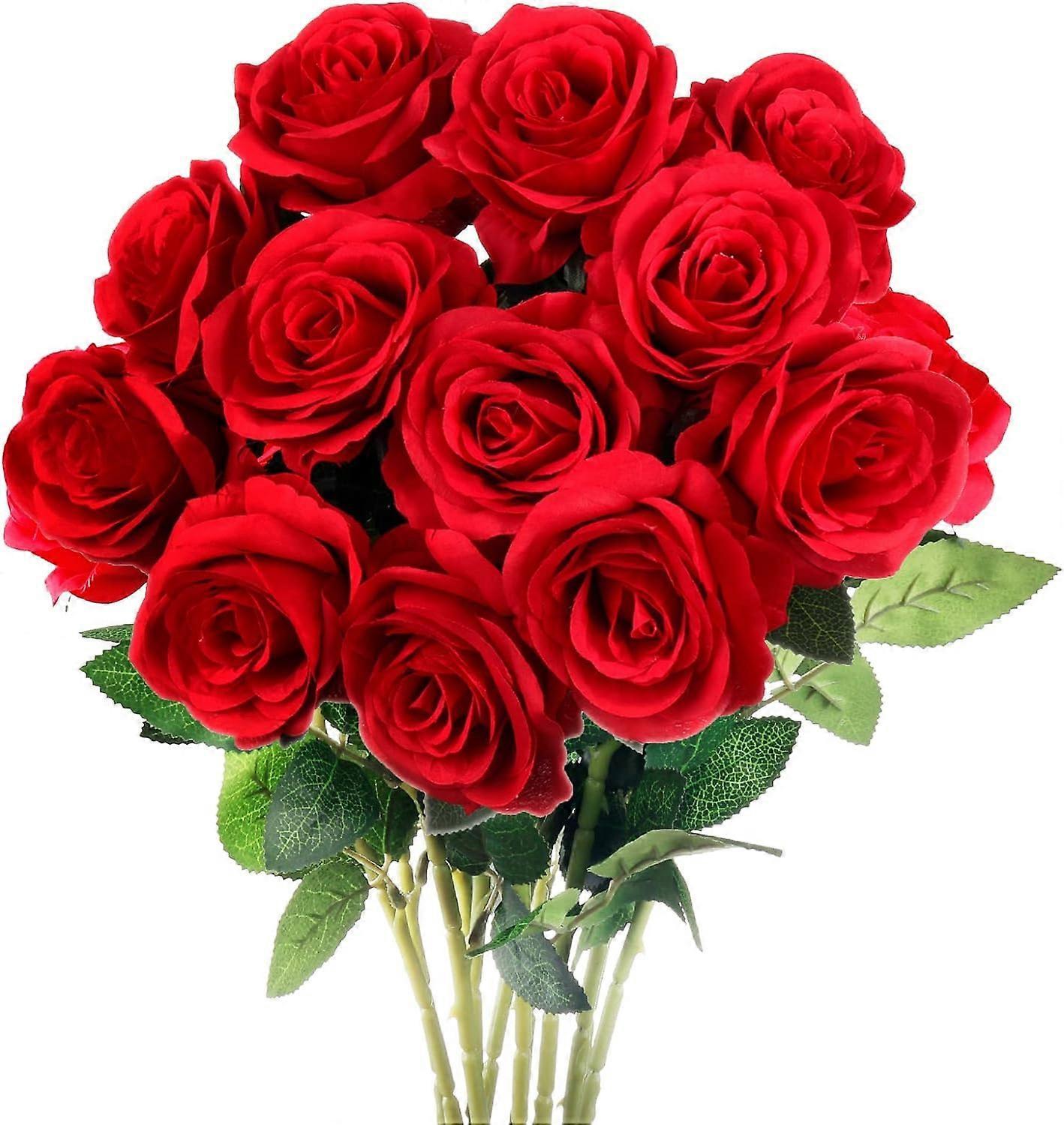 Kinzon 12PCS Red Artificial Rose Flowers, Silk Roses Single Stem Realistic Fake Rose Bouquet for Wedding Br